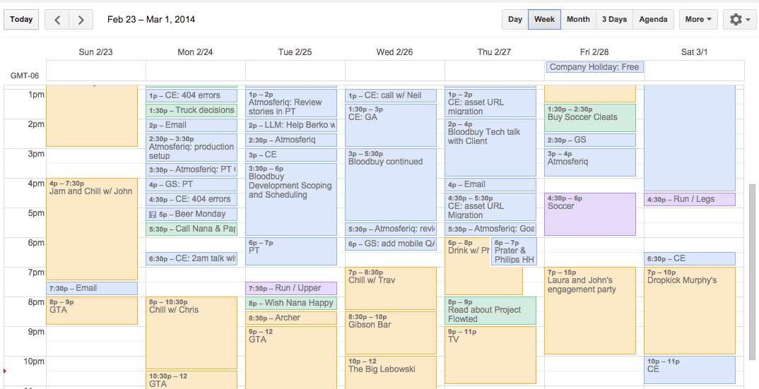 Example week in February showing color-coded calendar